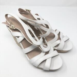 BCBGeration White Strappy Faux Leather Platform Wedges Size 10